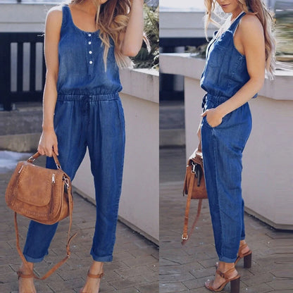 Jumpsuit Denim Blauw Met Knopen en Bandjes