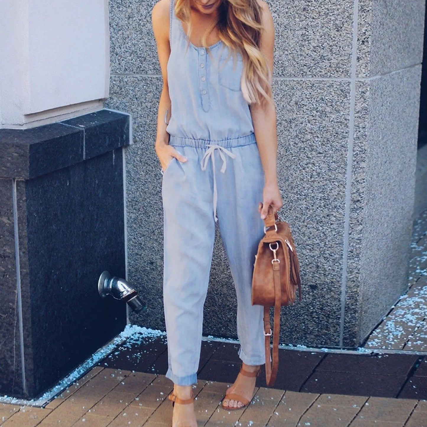 Jumpsuit Denim Blauw Met Knopen en Bandjes