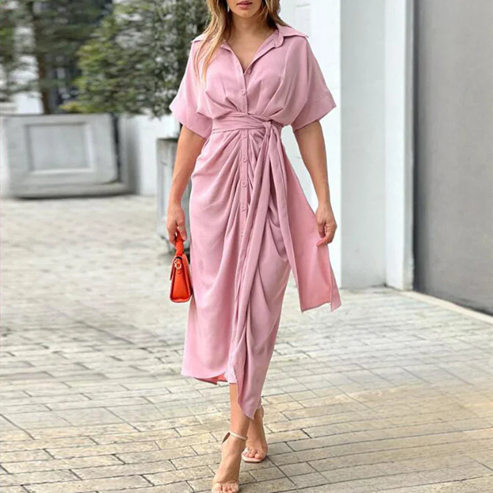 Vrouwen Chic Stijl Buttoned Down Riem Midi Zomerjurk - Emma