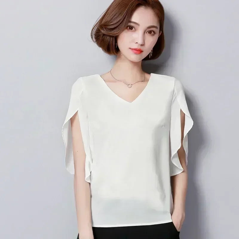Vrouwelijke Blouse met Ruches en Chiffon Stof Zomerse Stijl