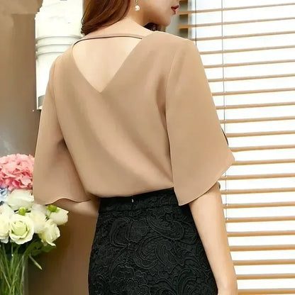 Vrouwelijke Blouse met Ruches en Chiffon Stof Zomerse Stijl