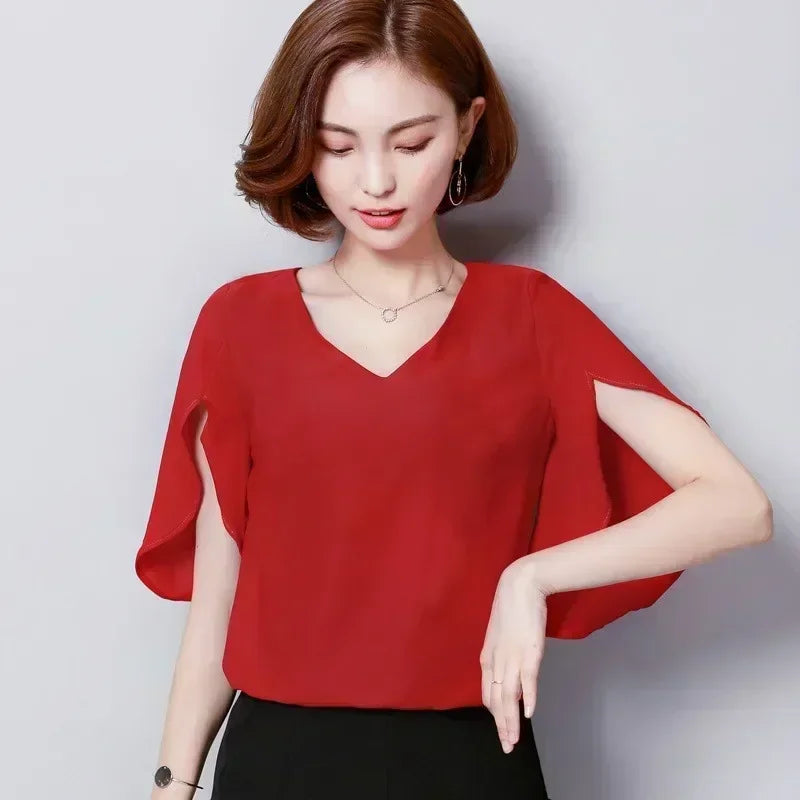 Vrouwelijke Blouse met Ruches en Chiffon Stof Zomerse Stijl