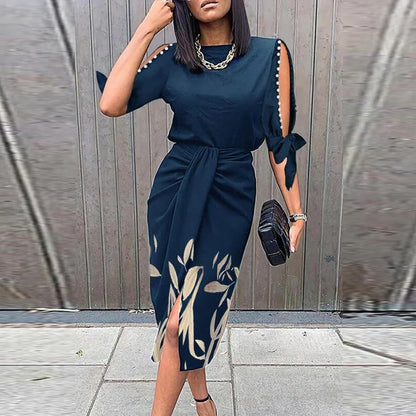 Vrouwelijke Zomerjurk Blauw met 3/4 Mouwen Flatterend Model - StudioMarella