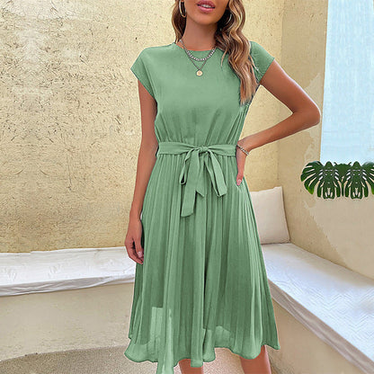 Vrouwen Elegante Flatterende Korte Mouwen Riem Midi Zomerjurk - Nora