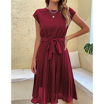 Vrouwen Elegante Flatterende Korte Mouwen Riem Midi Zomerjurk - Nora