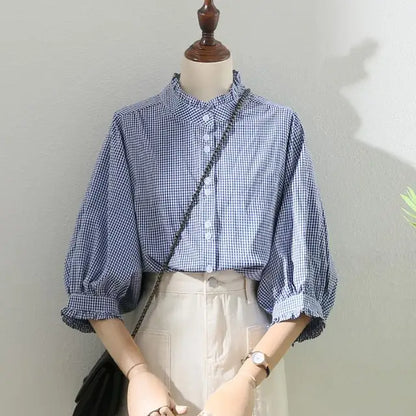 Blauw Geruit Vrouwen Shirt met Kanten Details - StudioMarella