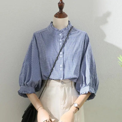 Blauw Geruit Vrouwen Shirt met Kanten Details