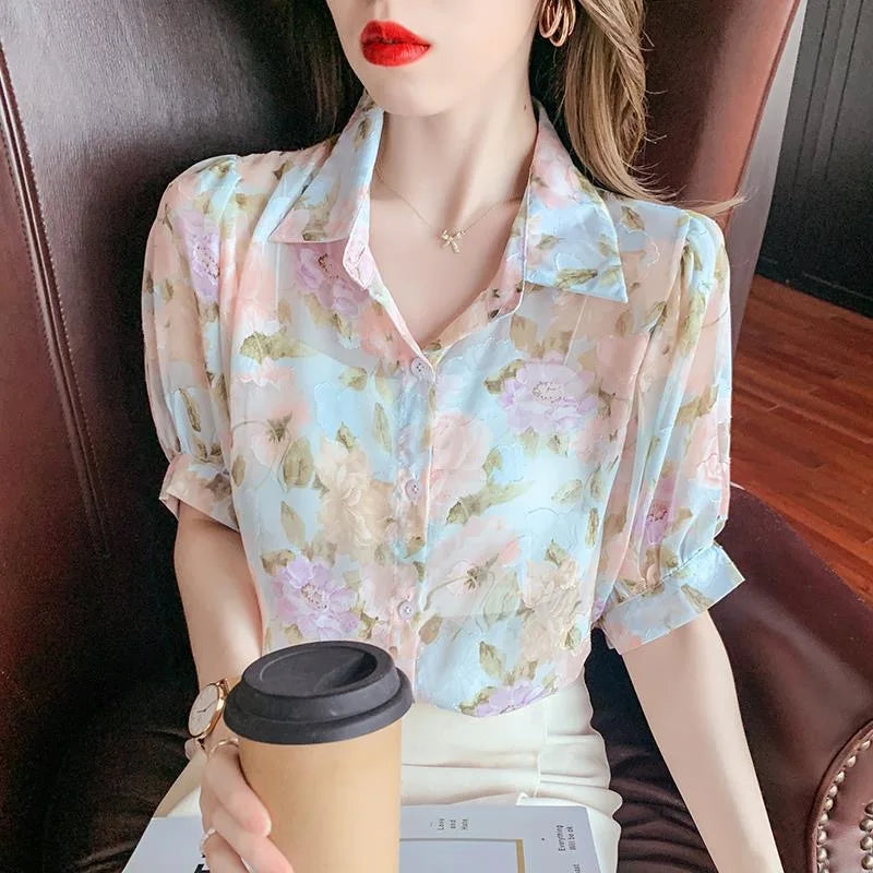 Vrouwelijke Zomerdress Blouse Korte Mouwen Licht Chiffon