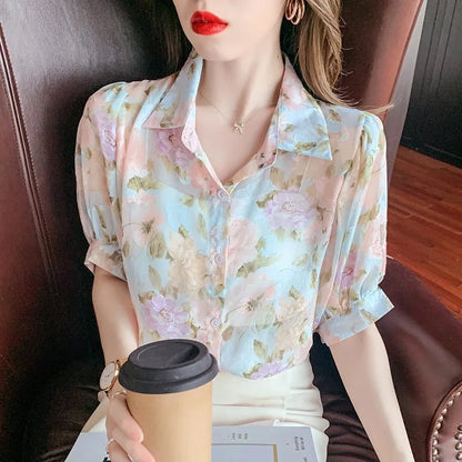 Vrouwelijke Zomerdress Blouse Korte Mouwen Licht Chiffon