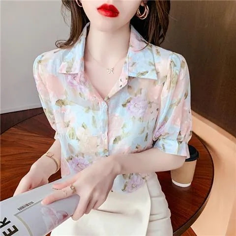 Vrouwelijke Zomerdress Blouse Korte Mouwen Licht Chiffon