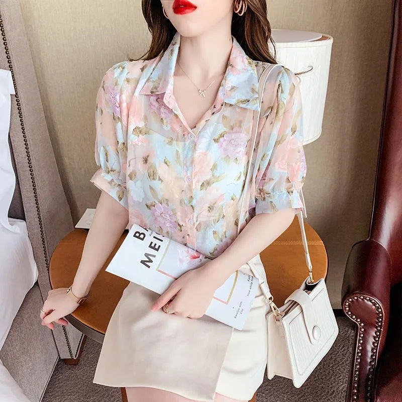 Vrouwelijke Zomerdress Blouse Korte Mouwen Licht Chiffon