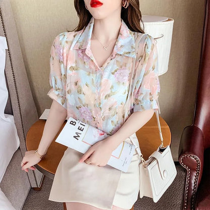 Vrouwelijke Zomerdress Blouse Korte Mouwen Licht Chiffon