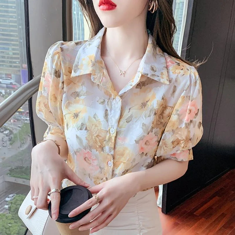 Vrouwelijke Zomerdress Blouse Korte Mouwen Licht Chiffon