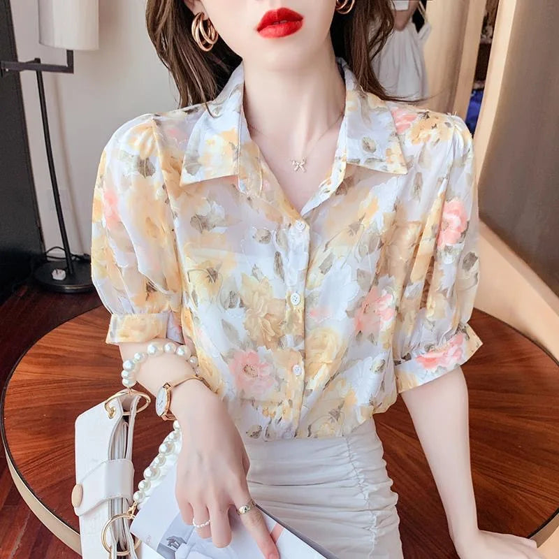 Vrouwelijke Zomerdress Blouse Korte Mouwen Licht Chiffon