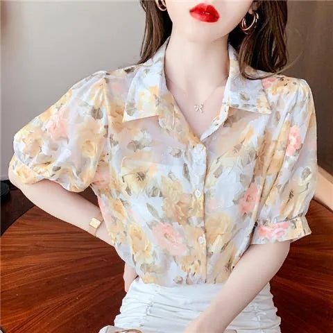 Vrouwelijke Zomerdress Blouse Korte Mouwen Licht Chiffon
