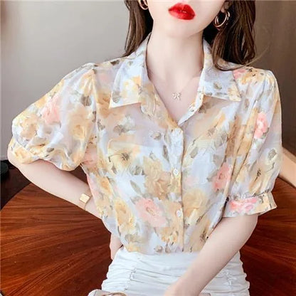 Vrouwelijke Zomerdress Blouse Korte Mouwen Licht Chiffon