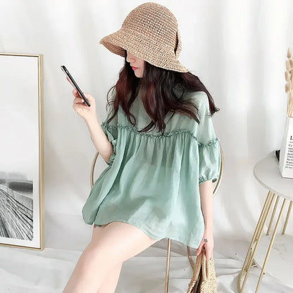Vrouwelijke Zomerblouse Koreaanse Stijl Elegante Korte Mouw