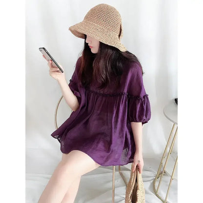 Vrouwelijke Zomerblouse Koreaanse Stijl Elegante Korte Mouw