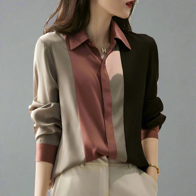 Vrouwelijke Blouse Satijn Knoopsluiting Retro Stijl