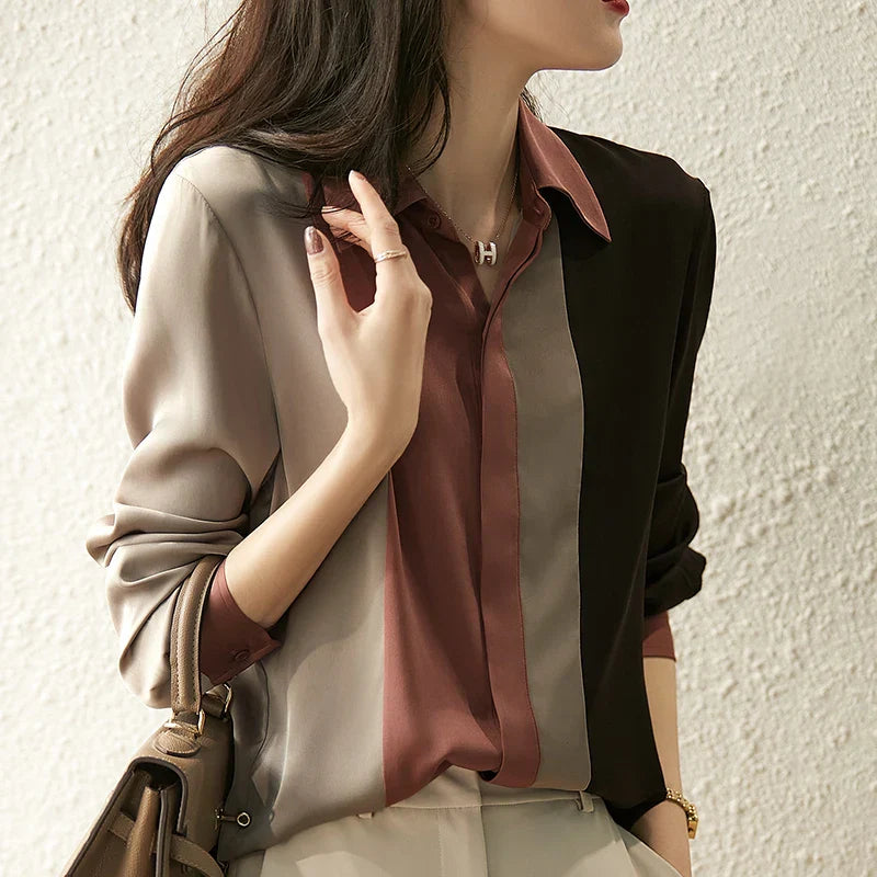 Vrouwelijke Blouse Satijn Knoopsluiting Retro Stijl