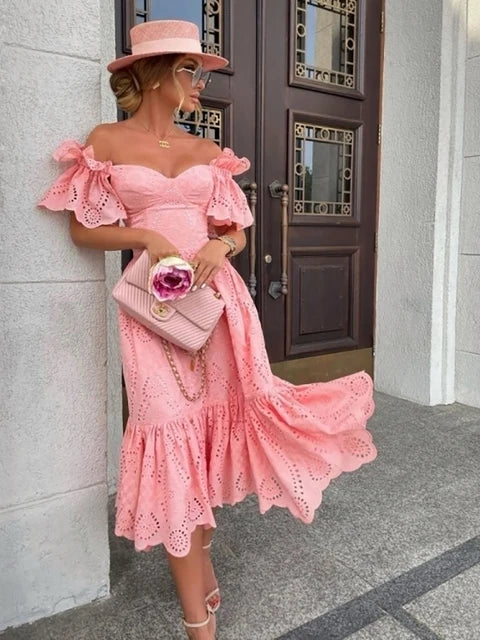 Vrouwelijke Off Shoulder Jurk Lange Kant Zomerjurk - StudioMarella