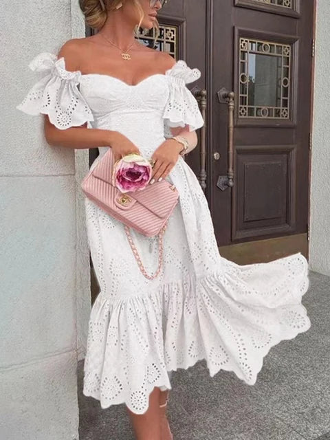 Vrouwelijke Off Shoulder Jurk Lange Kant Zomerjurk