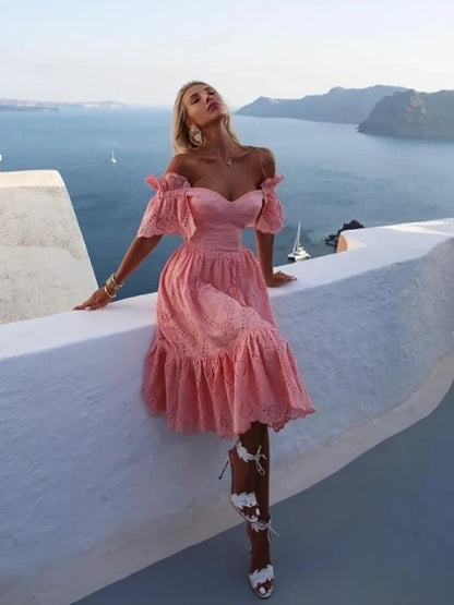 Vrouwelijke Off Shoulder Jurk Lange Kant Zomerjurk