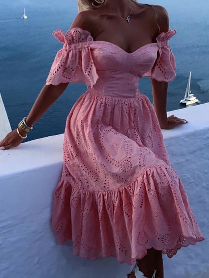 Vrouwelijke Off Shoulder Jurk Lange Kant Zomerjurk