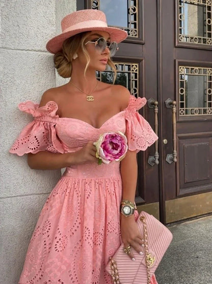 Vrouwelijke Off Shoulder Jurk Lange Kant Zomerjurk