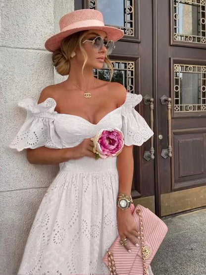 Vrouwelijke Off Shoulder Jurk Lange Kant Zomerjurk