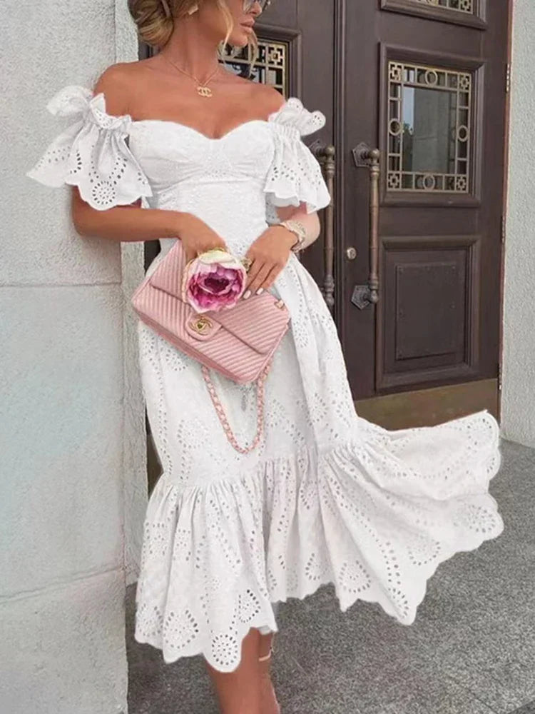 Vrouwelijke Off Shoulder Jurk Lange Kant Zomerjurk
