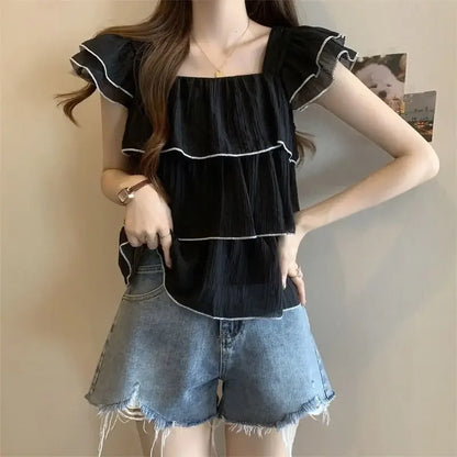 Vrouwelijke Blouse met Ruches en Vierkante Kraag