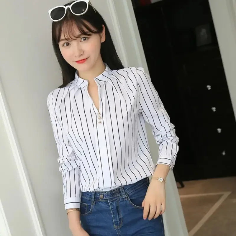 Dames Blouse Wit met Strepen Klassiek Stijl