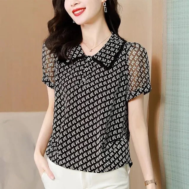 Zomer Blouses Korte Mouw met Peter Pan Kraag en Prints - StudioMarella