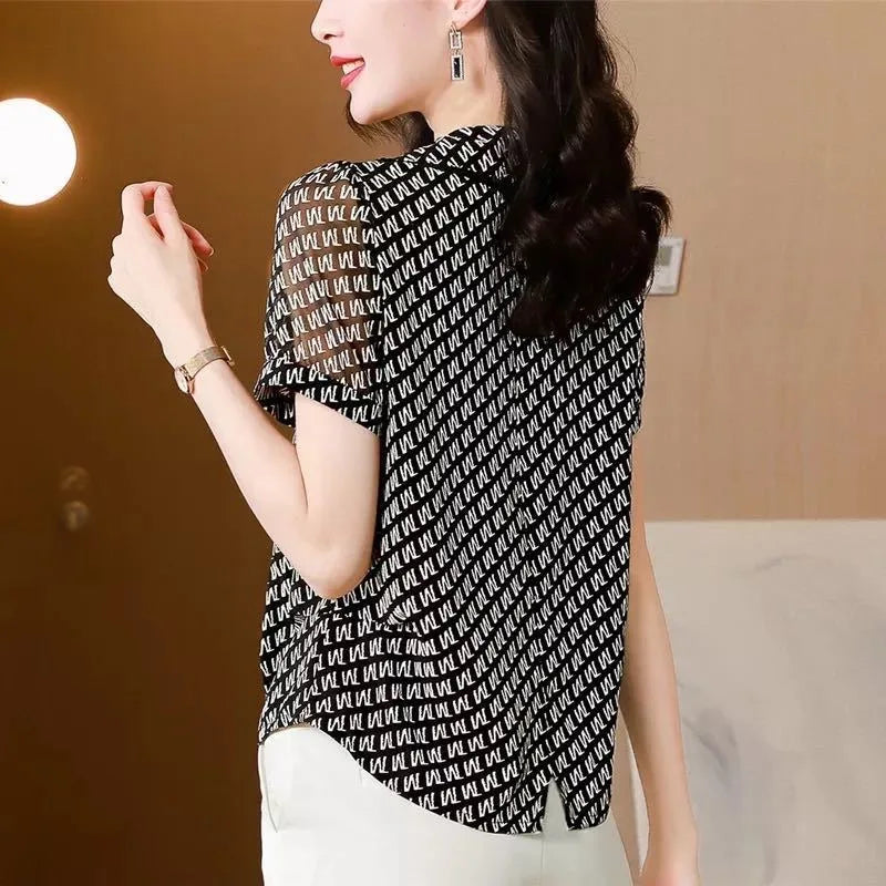 Zomer Blouses Korte Mouw met Peter Pan Kraag en Prints