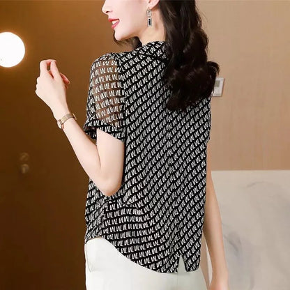 Zomer Blouses Korte Mouw met Peter Pan Kraag en Prints