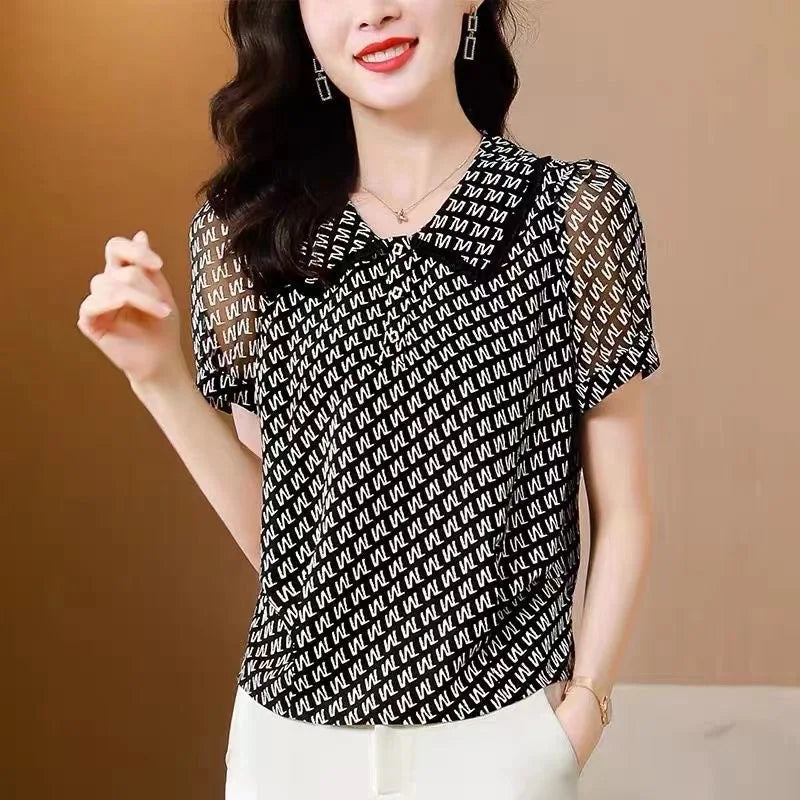 Zomer Blouses Korte Mouw met Peter Pan Kraag en Prints