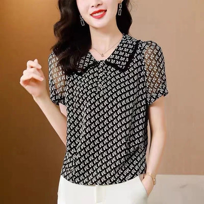 Zomer Blouses Korte Mouw met Peter Pan Kraag en Prints