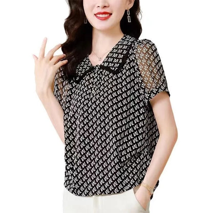 Zomer Blouses Korte Mouw met Peter Pan Kraag en Prints