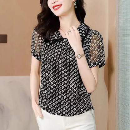 Zomer Blouses Korte Mouw met Peter Pan Kraag en Prints