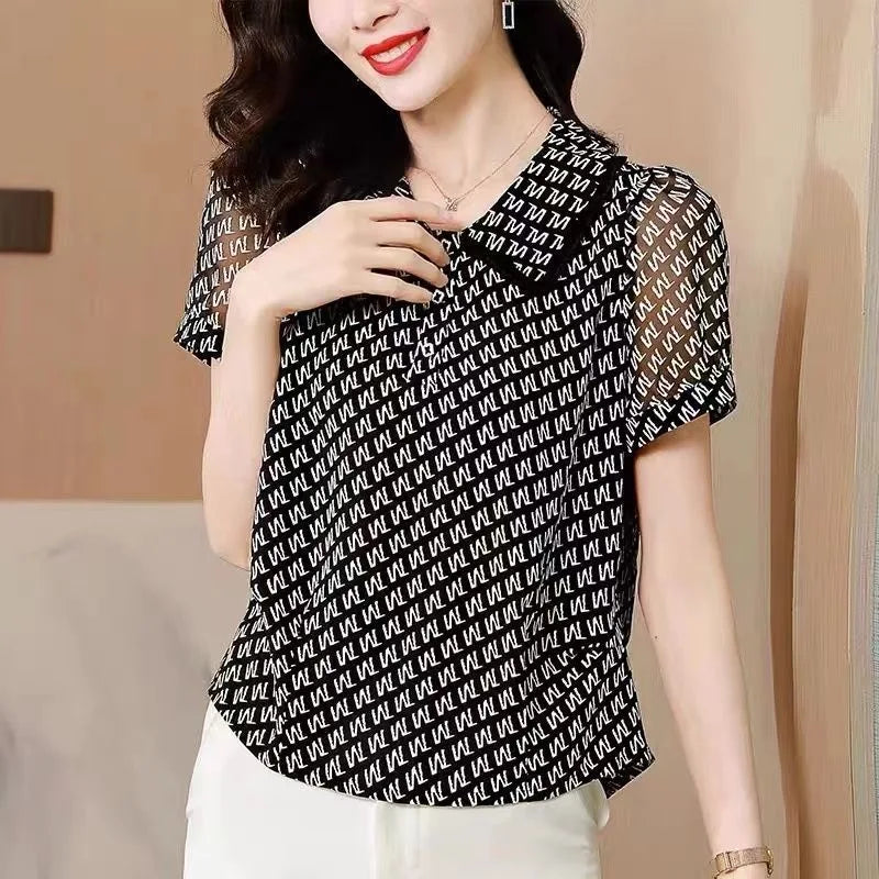 Zomer Blouses Korte Mouw met Peter Pan Kraag en Prints