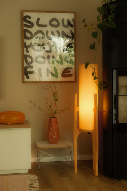 Zen Staande Lamp Met Linnen Kap En Natuurlijk Houten Frame