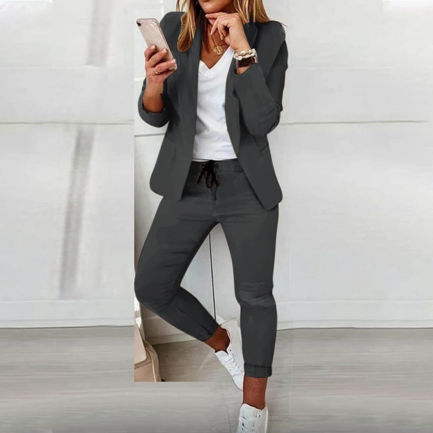 Dames Blazer Pak Comfortabele Jogger Outfit Tweedelig