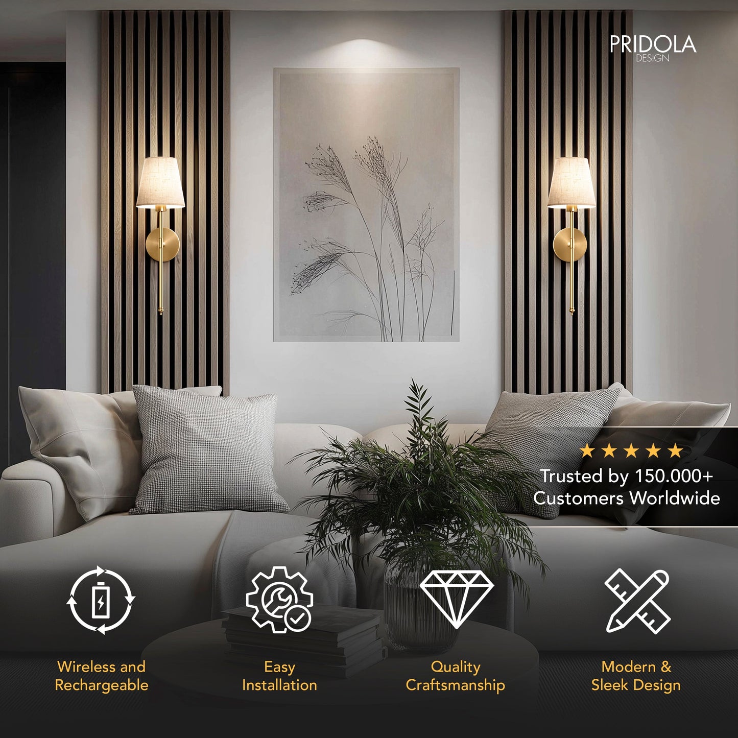 Wandlamp Goud Linnen Kap Set 2 Draadloos Afstandsbediening Dimbaar RGB Slaapkamer Woonkamer
