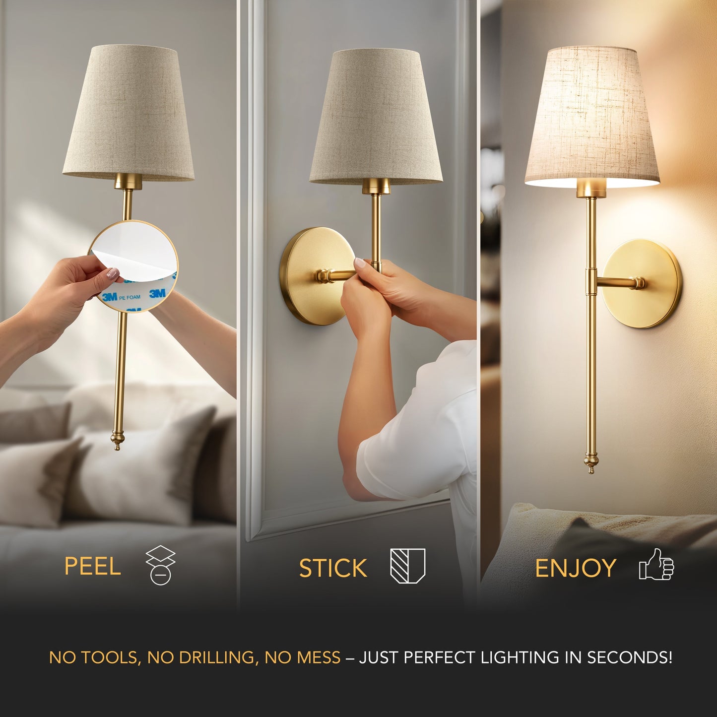 Wandlamp Goud Linnen Kap Set 2 Draadloos Afstandsbediening Dimbaar RGB Slaapkamer Woonkamer