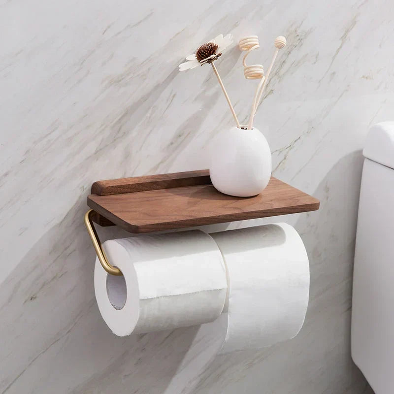 Toiletrolhouder Hout Walnoot Wandmontage Bruin Met Plank Badkamer Toilet Papierhouder Wandrek Minimalistisch Interieur