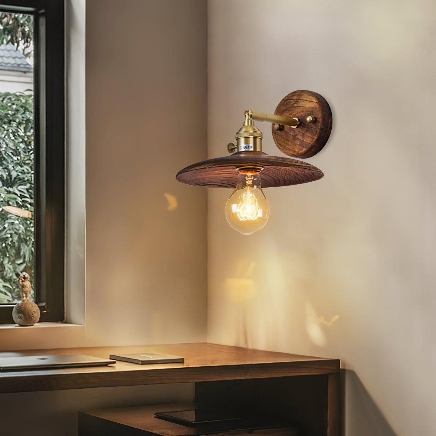 Wandlamp Walnotenhout Messing E27 20cm Rond Woonkamer Slaapkamer Gang Japandi