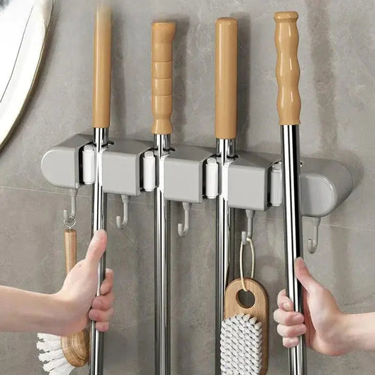 Wandhouder Bezem Mop Gereedschap Kunststof Edelstaal 33x5x9cm 4 Grepen 5 Haken Keuken Garage Werkplaats Opbergen Schroeven Zelfklevend