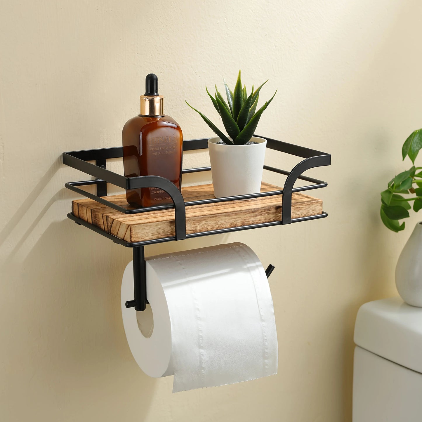 Wandplank met Toiletrolhouder – Metalen Frame met Houten Plank voor Badkamer