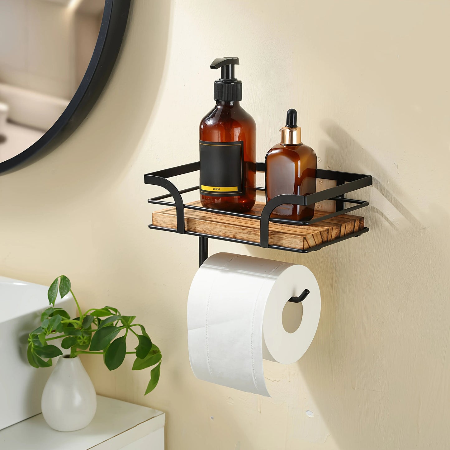 Wandplank met Toiletrolhouder – Metalen Frame met Houten Plank voor Badkamer